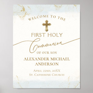 Blue Gold Cross Welcome Boy First Holy Communion  Poster