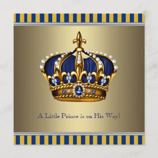 Blue Gold Crown Little Prince Baby Shower Invitation