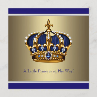 Blue Gold Crown Little Prince Boy Baby Shower Invitation