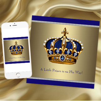 Blue Gold Crown Little Prince Boy Baby Shower Invitation