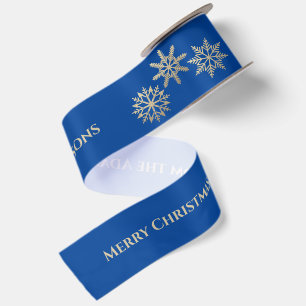 Blue Gold Custom Merry Christmas Satin Ribbon