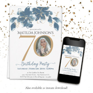 Blue Gold Custom Photo Floral 70th Birthday Invitation