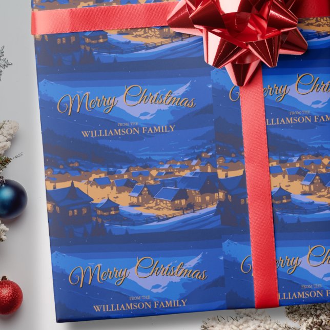 Blue Gold Custom Winter Village Christmas  Wrapping Paper (Creator Uploaded)