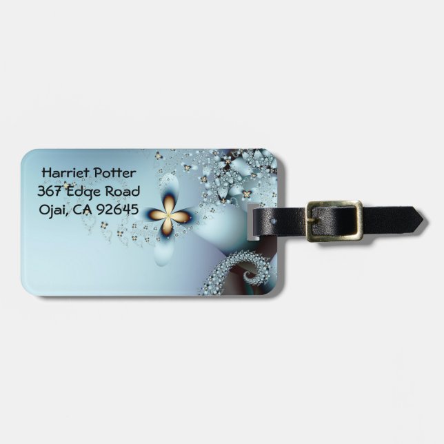 Blue Gold Cute Abstract Floral Luggage Tag (Front Horizontal)