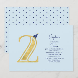 Blue & Gold Cute Modern Boy 2nd Birthday Party Invitation