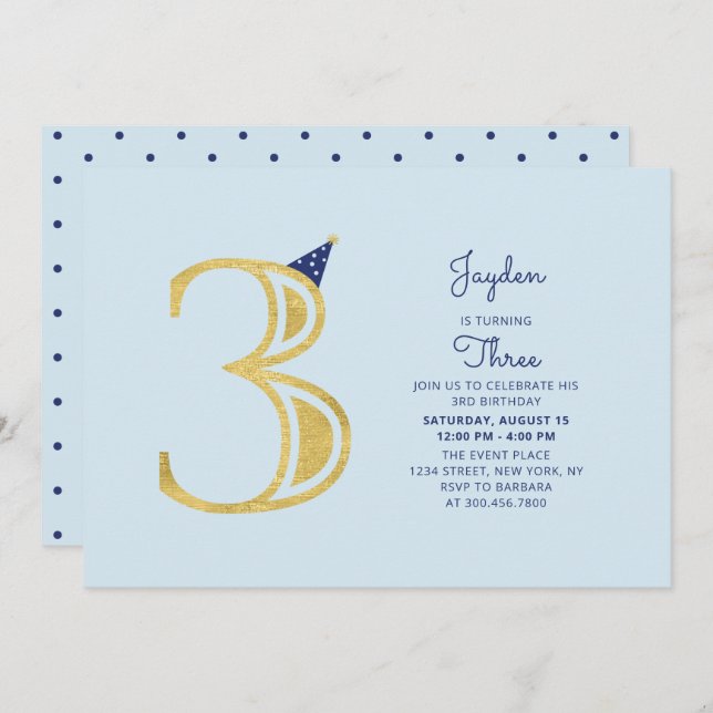 Blue & Gold |  Cute Modern Boy 3rd Birthday Party Invitation (Front/Back)