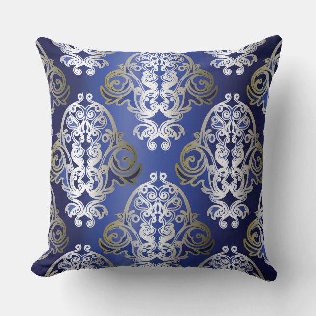 Blue Gold Damask Decorative Pillow (Front)