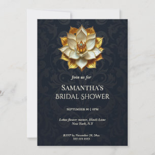 Blue Gold Damask Lotus Bridal Shower  Holiday Card