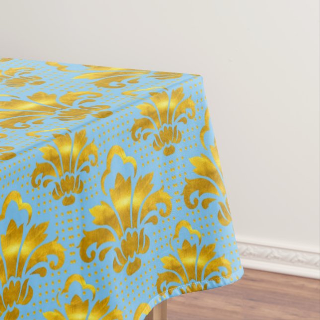 Blue Gold Damask Pattern Tablecloth (In Situ)