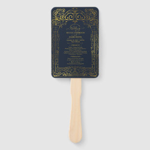 Blue Gold Deco Chic Glam Wedding Program Hand Fan
