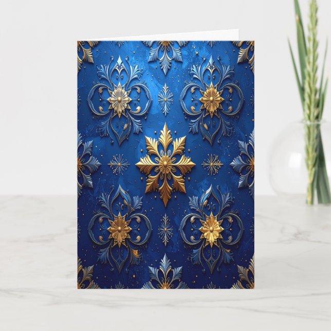Blue Gold Decorative Holiday Card (Front)