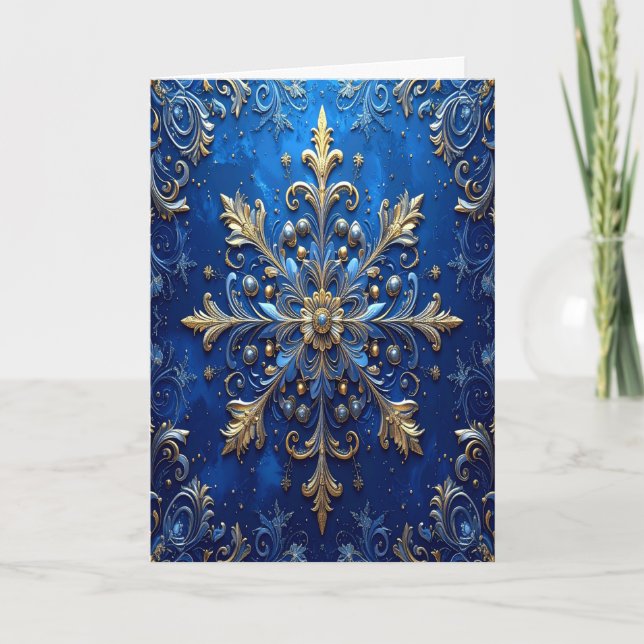 Blue Gold Decorative Holiday Card (Front)