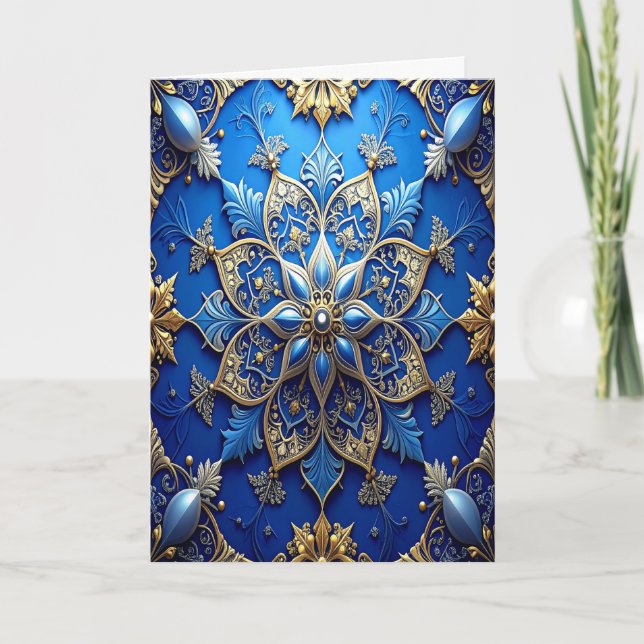 Blue Gold Decorative Holiday Card (Front)