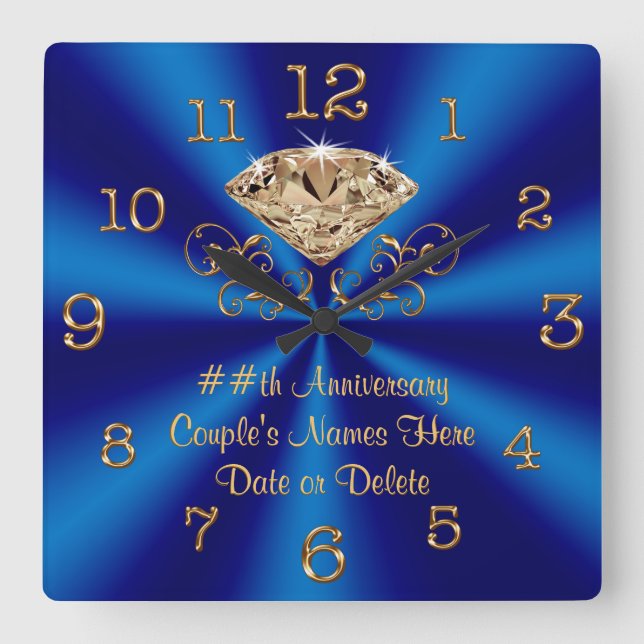 Blue Gold Diamond Personalised Anniversary Gifts Square Wall Clock (Front)
