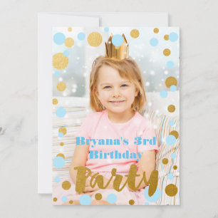 Blue & Gold Dots Birthday Party Photo Invitation