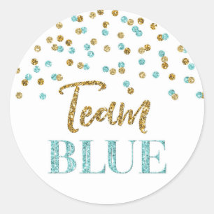 Blue Gold Dots Gender Reveal Baby Shower Team Blue Classic Round Sticker