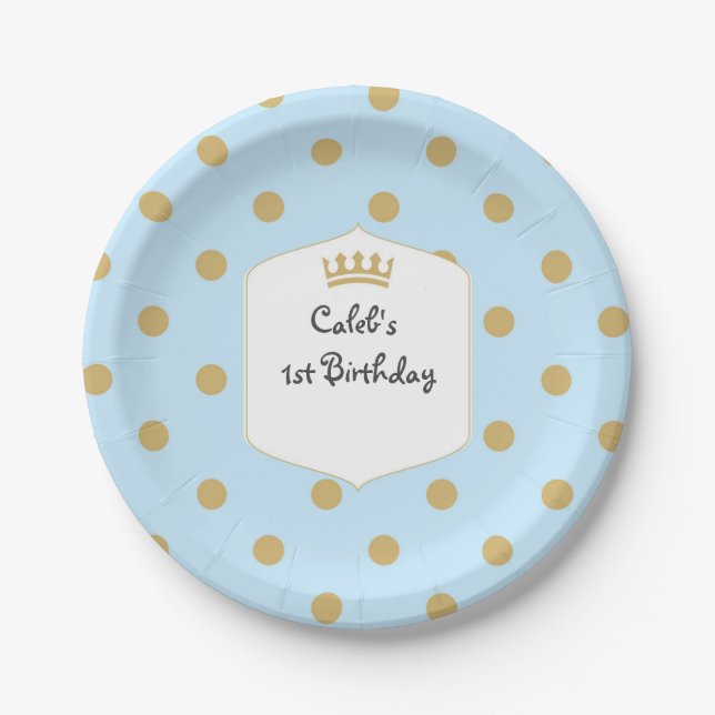 Blue & Gold Dots Royal Crown Prince Party Plates (Front)