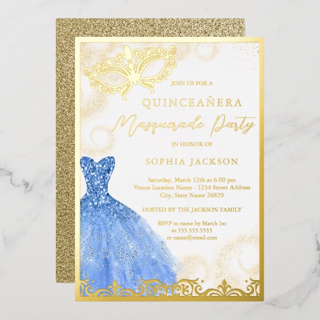 Blue Gold Dress Masquerade Party Quinceanera  (Front/Back)