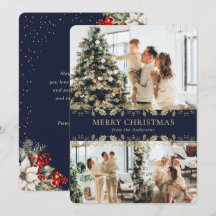Blue Gold Elegant Botanical Photo Christmas Card