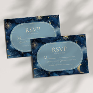 Blue Gold Elegant Celestial Starry Sky Wedding RSVP Card