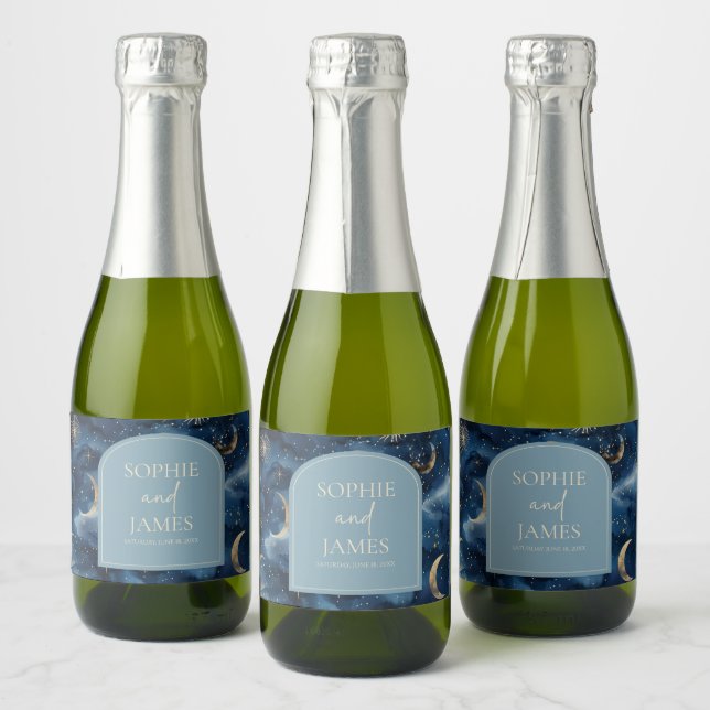 Blue Gold Elegant Celestial Starry Sky Wedding Sparkling Wine Label (Bottles)