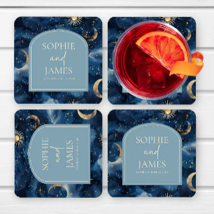 Blue Gold Elegant Celestial Starry Sky Wedding Square Paper Coaster