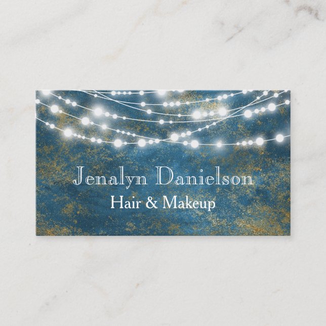 Blue Gold Elegant Festive Hanging String Lights Business Card (Front)