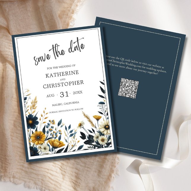 Blue Gold Elegant Floral Wedding Save The Date (Blue and Yellow Wildflower Floral Elegant Save the Date Card with QR Code for Wedding Website.)