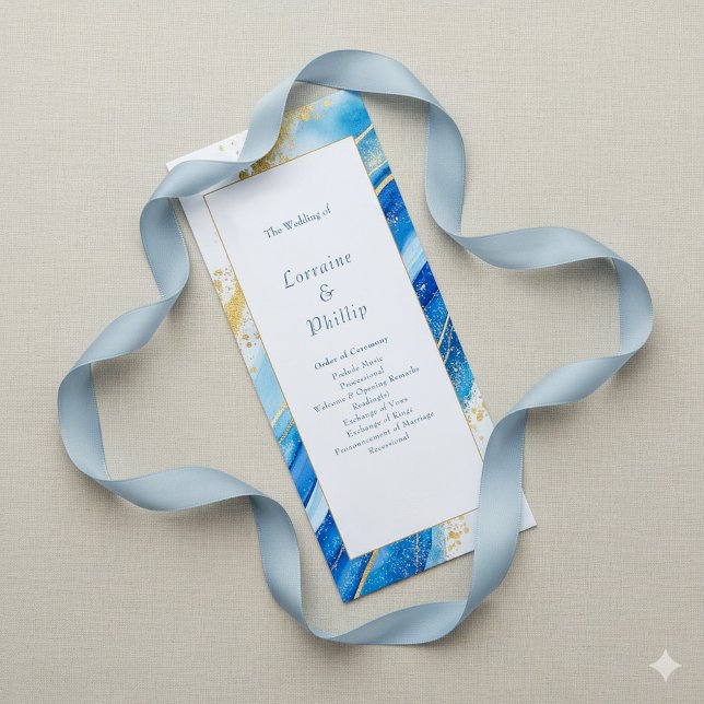 Blue Gold Elegant modern order of ceremony wedding Programme (Blue and gold wedding program)