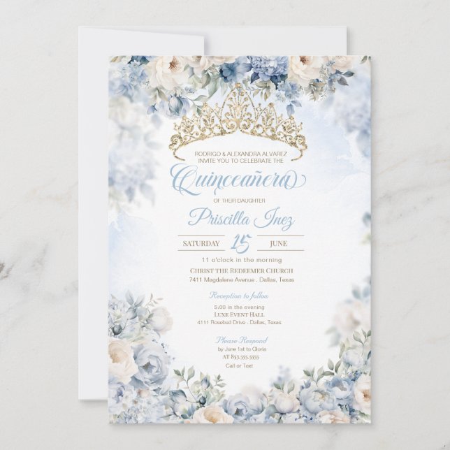 Blue Gold Elegant Watercolor Floral Quinceañera Invitation (Front)
