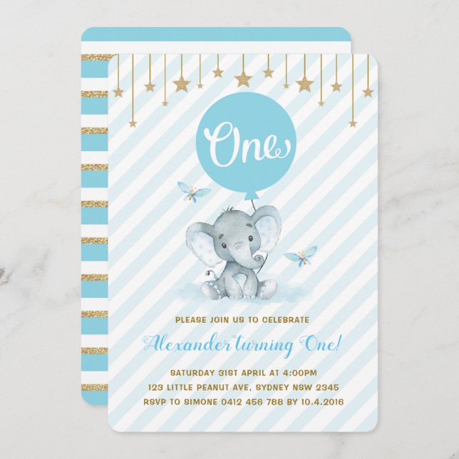 Blue Gold Elephant 1st First Birthday Twinkle Star Invitation (Front/Back)