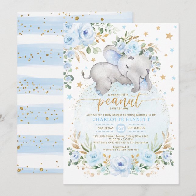 Blue Gold Elephant Floral Moon Stars Baby Shower Invitation (Front/Back)