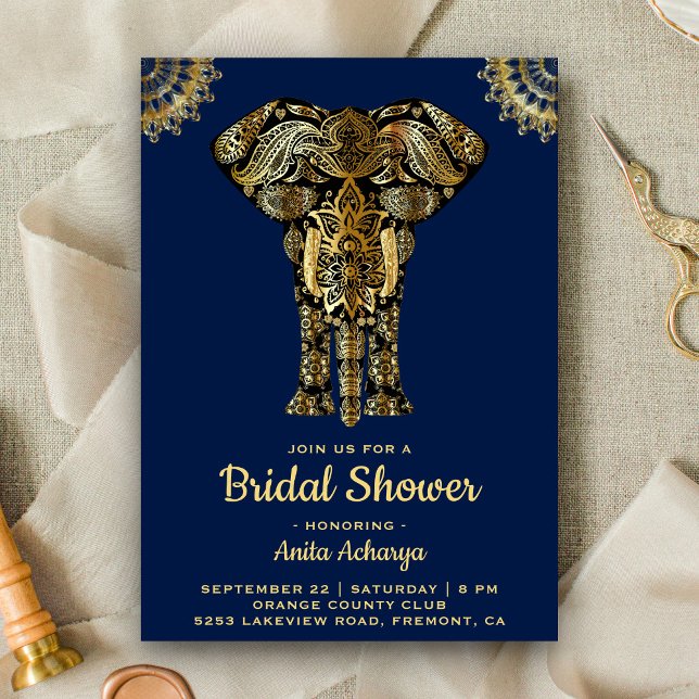 Blue Gold Elephant Indian Bridal Shower Invitation (Creator Uploaded)