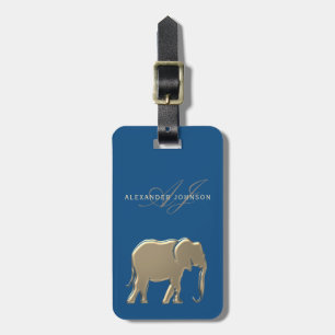 Blue Gold Elephant Monogram Luggage Tag