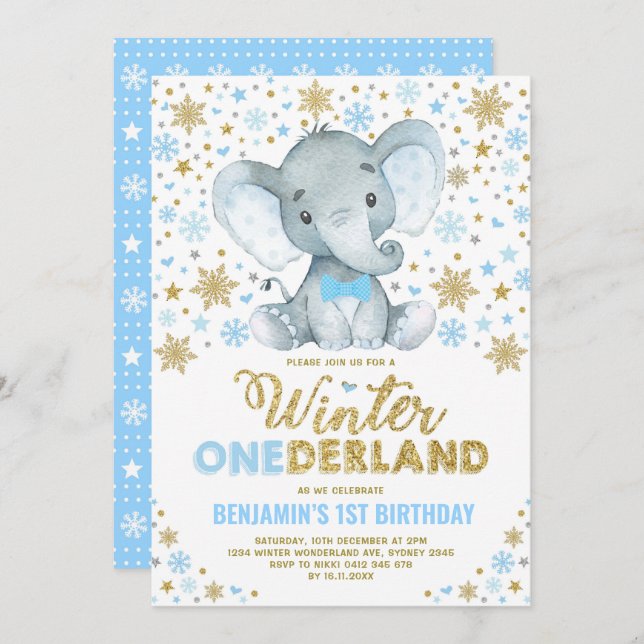 Blue Gold Elephant Winter ONEderland Snowflake Invitation (Front/Back)