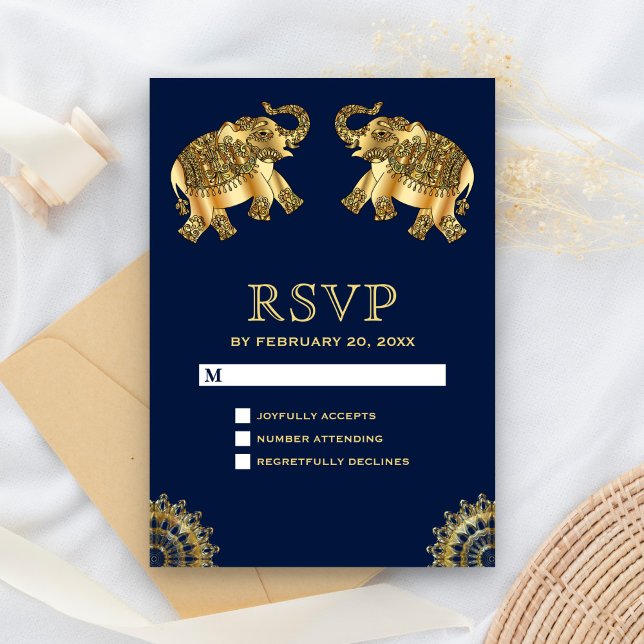 Blue Gold Ethnic Elephants Indian RSVP (Creator Uploaded)