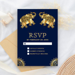 Blue Gold Ethnic Elephants Indian RSVP Card
