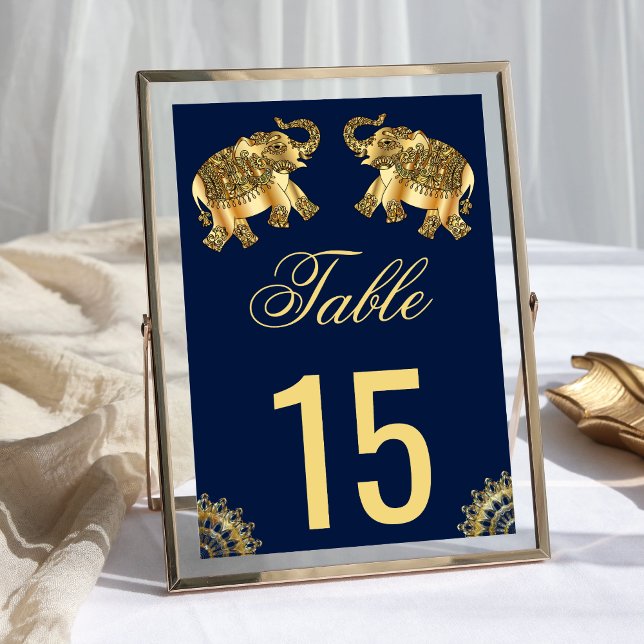 Blue Gold Ethnic Elephants Indian Wedding Table Number (Creator Uploaded)