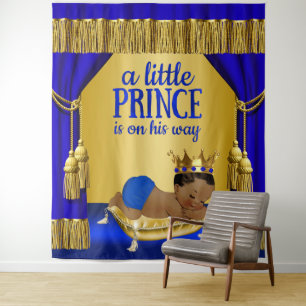 Blue Gold Ethnic Prince Baby Shower Backdrop Tapestry