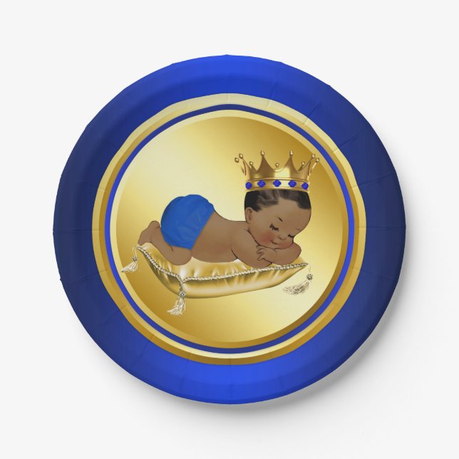 Blue Gold Ethnic Prince Baby Shower Paper Plate (Front)