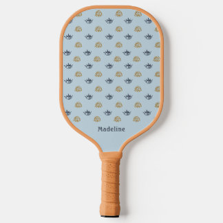 Blue Gold Evil Eye Pattern Monogram First Name Pickleball Paddle