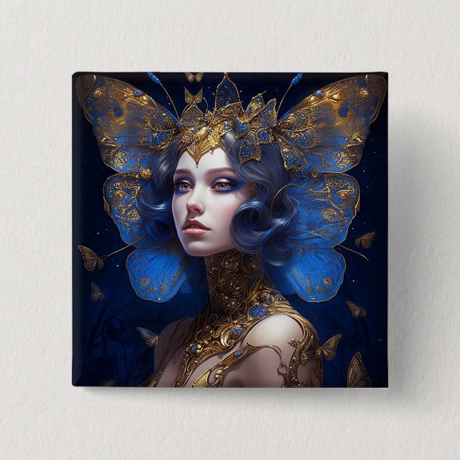 Blue Gold Fairy Fantasy Art 15 Cm Square Badge (Front)