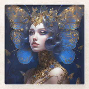 Blue Gold Fairy Fantasy Art Glass Coaster