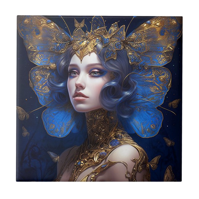 Blue Gold Fairy Fantasy Art Tile (Front)