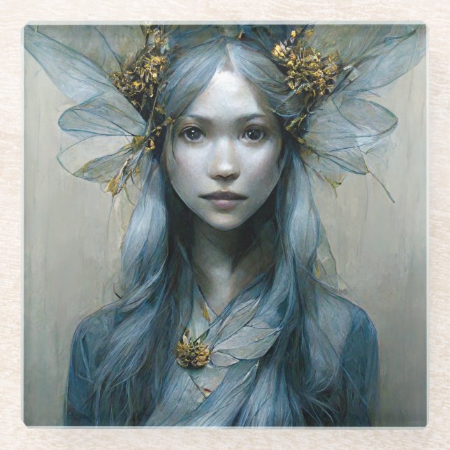 Blue Gold Fairy Fantasy Glass Coaster (Front)