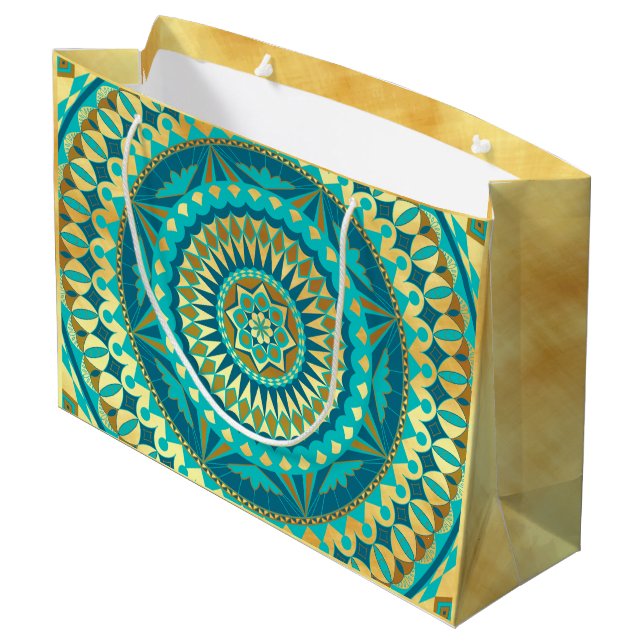 Blue Gold Fantasy Mandala Large Gift Bag (Back Angled)