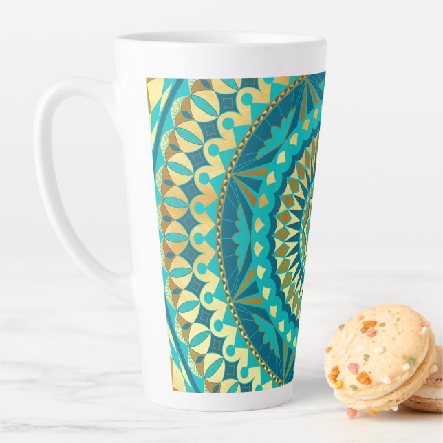 Blue Gold Fantasy Mandala Latte Mug (In Situ)