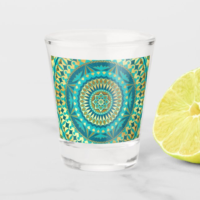 Blue Gold Fantasy Mandala Shot Glass (Front)