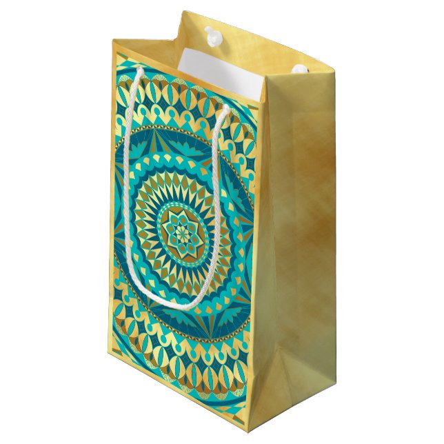 Blue Gold Fantasy Mandala Small Gift Bag (Front Angled)