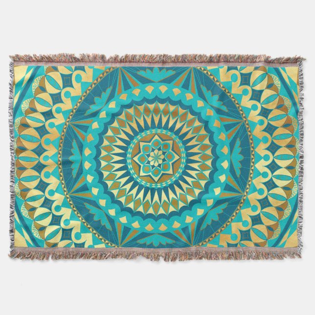 Blue Gold Fantasy Mandala Throw Blanket (Front)